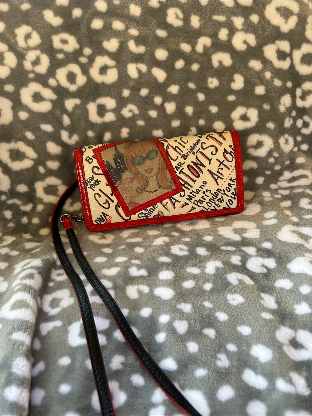 Brighton Illustrated Crossbody Wallet in Red, Black, Cream